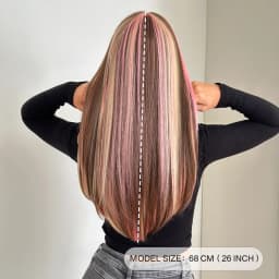 7JHH WIGS Long Straight Brown Highlight Pink Wig for Women Synthetic Modest Fashion Wear and Go Ombre Blonde Wigs with Neat Bang