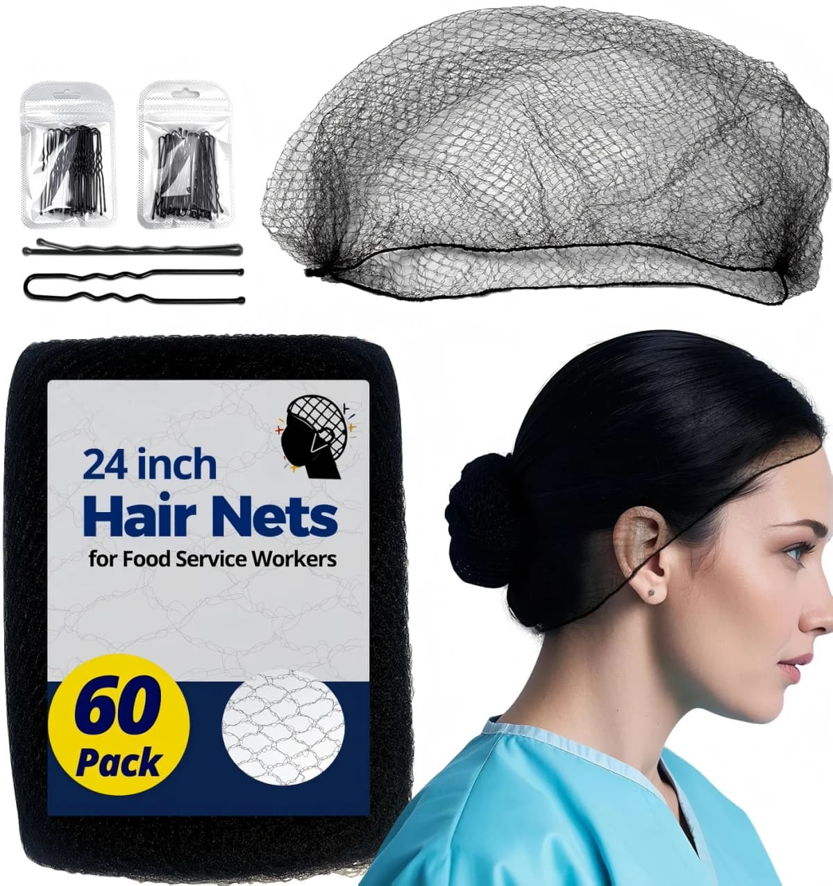 100pcs Hair Nets Set for Food Service Workers, 60pcs 24inch Invisible Hairnets & 40pcs Bun Bobby Pins for Buns, Women/Men, Balle