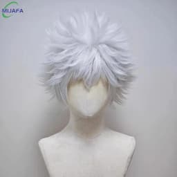 High Quality Anime Hunter Killua Zoldyck Cosplay Wig 30cm Short Silver White Heat Resistant Synthetic Hair Party Wigs + Wig Cap