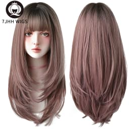 7JHHWIGS Long Straight Synthetic Light Brown Wigs With Bang For Women Heat-Resistant Daily Use Hair Hot Sell Wholesale Wigs