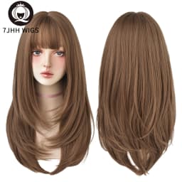 7JHHWIGS Long Straight Synthetic Light Brown Wigs With Bang For Women Heat-Resistant Daily Use Hair Hot Sell Wholesale Wigs