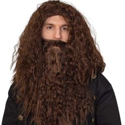Brown Fluffy Small Roll Synthetic Wig Adult Wizard Cosplay Synthetic Wig with Beard Anime Party Festival Accessory