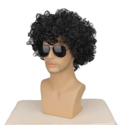 Short Black Curly Rocker Disco Wig with Glasses Boys Wet Look Wig 70s Mullet Wig Michael Jackson Role Play Synthetic Wig For Men