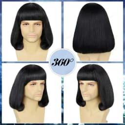 Synthetic Unisex Black Straight Flip in Short Full Bang Realistic Halloween Cosplay Bob Wig with Bangs Lord Farquaad Wig