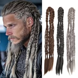 20 Inch Medieval Braided Ponytail Extensions Heat Resistant Synthetic Fiber Clip in Viking Hair for Men Women