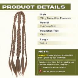 20 Inch Medieval Braided Ponytail Extensions Heat Resistant Synthetic Fiber Clip in Viking Hair for Men Women