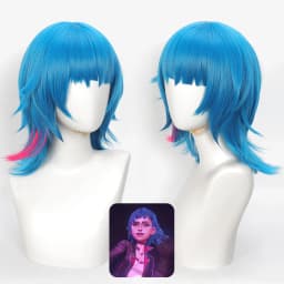 Arcane Jinx Cosplay Wig Blue Pink Highlight Short Synthetic Wig With Optional Double Buns For Halloween Game Role Play Costume