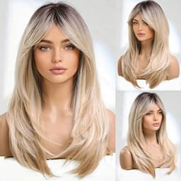 Long Blonde Golden Straight Synthetic Wigs for Women Mid-Length Natural Layered Hair Wig Side Bangs Daily Cosplay Heat Resistant