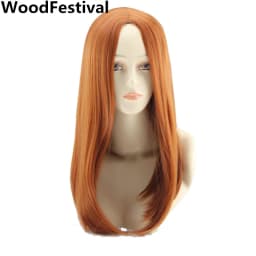 Women's Long Orange Wig Synthetic Hair High Temperature Fiber Straight Korean Cosplay Costume Wig 18 Inch Ladies Hairpiece