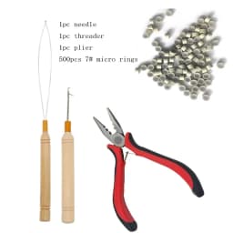 Hair Extensions Beads Tools Kit Extensions Micro Pulling Needle, Loop Threader and 500 Pieces Silicone Lined Micro Rings