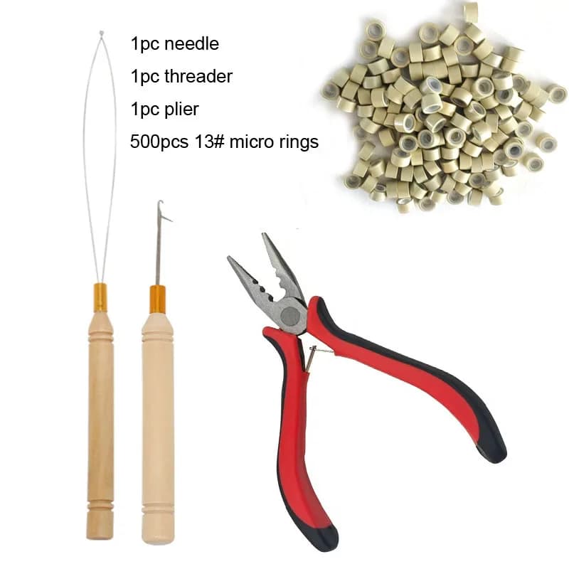 Hair Extensions Beads Tools Kit Extensions Micro Pulling Needle, Loop Threader and 500 Pieces Silicone Lined Micro Rings