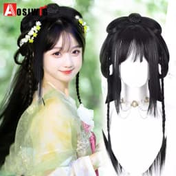 Synthetic Ancient Hanfu Wig One-Piece Full Head Set Design Wig Heat-Resistant Cosplay Party Dress Up Wig With Braids for Women