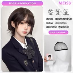 MEISU 10 Inch Short BoBo Bangs Wig Black Tea Synthetic Fiber Heat-Resistant Natural And Smoot Selfie Party For Women