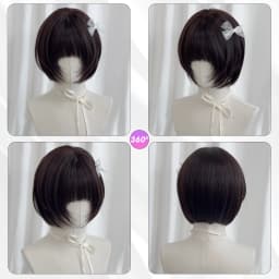 MEISU 10 Inch Short BoBo Bangs Wig Black Tea Synthetic Fiber Heat-Resistant Natural And Smoot Selfie Party For Women