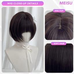 MEISU 10 Inch Short BoBo Bangs Wig Black Tea Synthetic Fiber Heat-Resistant Natural And Smoot Selfie Party For Women