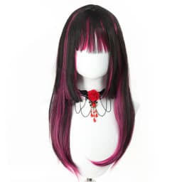24' Synthetic Red Purple Wigs for Women Hime Cut Fringe Bangs Split Dye Halloween Party Cosplay Items Wig Half and Half Color