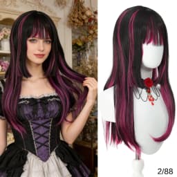 24' Synthetic Red Purple Wigs for Women Hime Cut Fringe Bangs Split Dye Halloween Party Cosplay Items Wig Half and Half Color