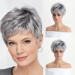 Short Natural Wigs with Bangs Soft Mommy Hair Daily Use Short Grey Ombre Curly Synthetic Hair Costume Party Wig for Women