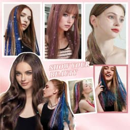 12Pcs Synthetic Hair Tinsel 20Inch Clip in Glitter Tinsel Hair Clip in Hair Tinsel Kit Heat Resistant Shiny Sparkle Fairy Hair
