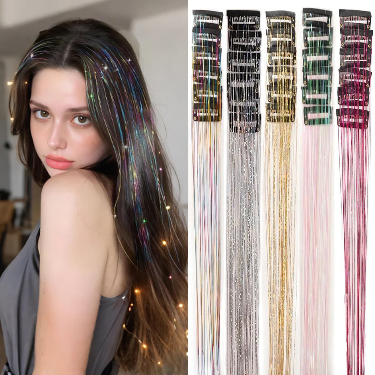12Pcs Synthetic Hair Tinsel Clip in 20Inch Glitter  Tinsel Hair Clip in Hair Tinsel Kit Heat Resistant Shiny Sparkle Fairy Hair