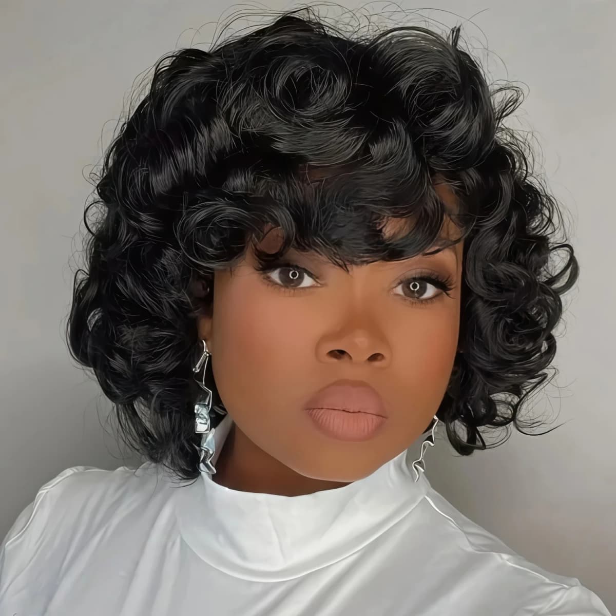 Fashionable Fluffy Curly Hair, Natural Color, Short Hair with Bangs, No Need for Glue, Can Be Worn Directly, Synthetic Wig