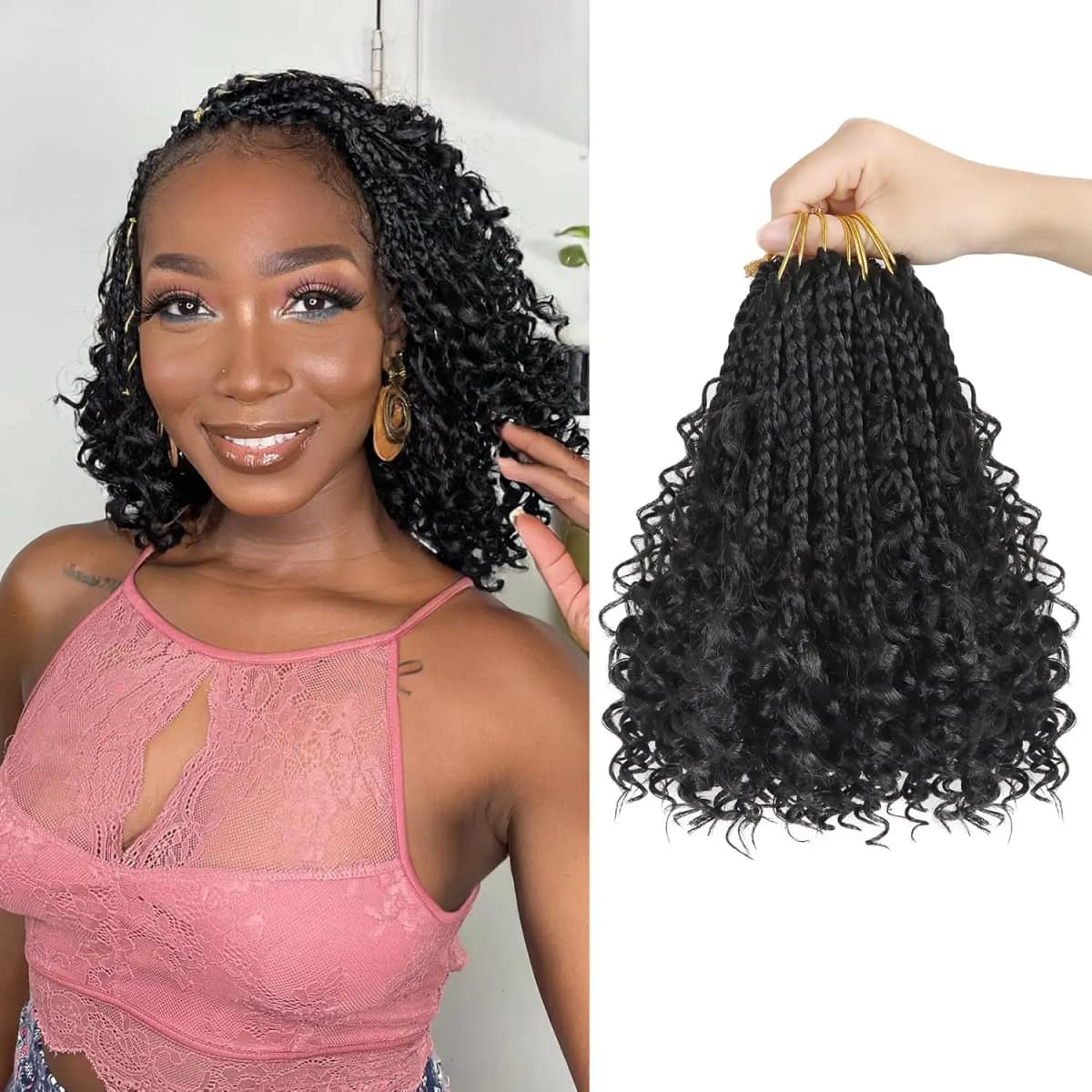 Goddess Box Braids Crochet Hair 8 Inch Pre Looped Boho Crochet Braids with Curly Ends, 8 Packs Synthetic Crochet Hair for Women