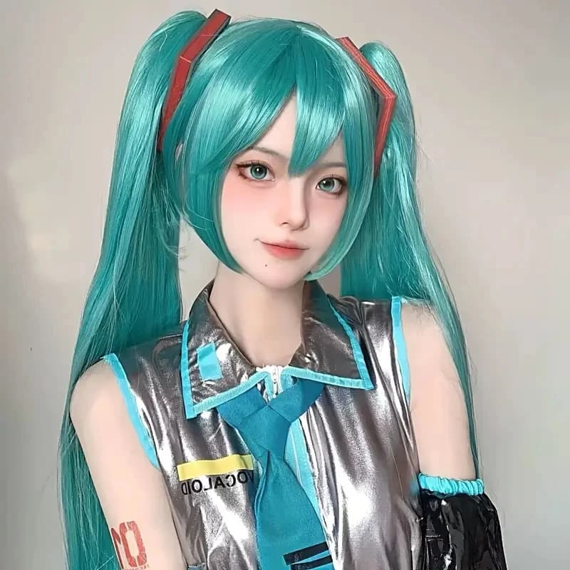 Turquoise Blue Cosplay Wig Long Straight With Bangs Double Ponytail Heat Resistant Synthetic Wig For Women