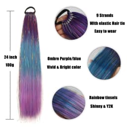 Purple Blue Tinsel Ponytail Extension with Elastic Hair Tie Glitter Braiding Hair For Kids Girls Crazy Hair Day Brave Hair
