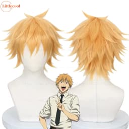 High Quality Denji Cosplay Wig Short Layered Golden Heat Resistant Synthetic Hair Halloween Carnival Anime Wigs + Wig Cap