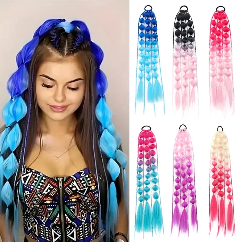 Synthetic Ponytail Extension Corlorful Bubble Braid Long Lantern Braided Ponytail Hair Tie Straight Hairpieces for Women