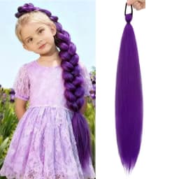 Synthetic Braids Purple Hair Ponytail Costume Hairstyle 24 Inch Long Ponytail with Clips for Kids Girls Halloween Christma Kpop
