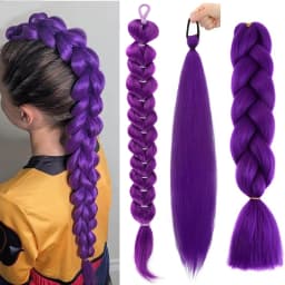Synthetic Braids Purple Hair Ponytail Costume Hairstyle 24 Inch Long Ponytail with Clips for Kids Girls Halloween Christma Kpop