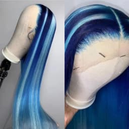 13x4 Glueless Blue Long Straight Synthetic Lace Front Wig Pre Plucked Ready To Wear for Women 24-32 Inch Daily Use