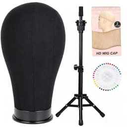 22 Inches Canvas Mannequin Head with Tripod Stand Wig Cap T Pins Rat for Wig Making Practice Styling Training Display