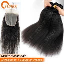 FLSKEE 100% Human Hair Bundles With Closure Kinky Straight Peruvian Raw 3 Bundle With 4x4 Lace Closure Yaki Straight Weave And Closure
