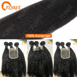FLSKEE 100% Human Hair Bundles With Closure Kinky Straight Peruvian Raw 3 Bundle With 4x4 Lace Closure Yaki Straight Weave And Closure