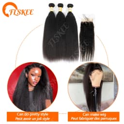 FLSKEE 100% Human Hair Bundles With Closure Kinky Straight Peruvian Raw 3 Bundle With 4x4 Lace Closure Yaki Straight Weave And Closure