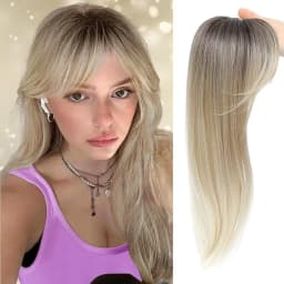Synthetic Long Straight Topper Hair Piece With Bangs Invisible Seamless Clip Overhead Toupee Replacement block Cover White Hair