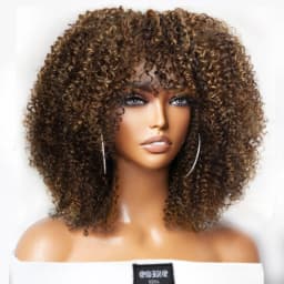 Short Afro Kinky Curly Wig With Bangs Peruvian Highlight Brown Glueless Full Machine Wig 250 Density For Black Women Human Hair