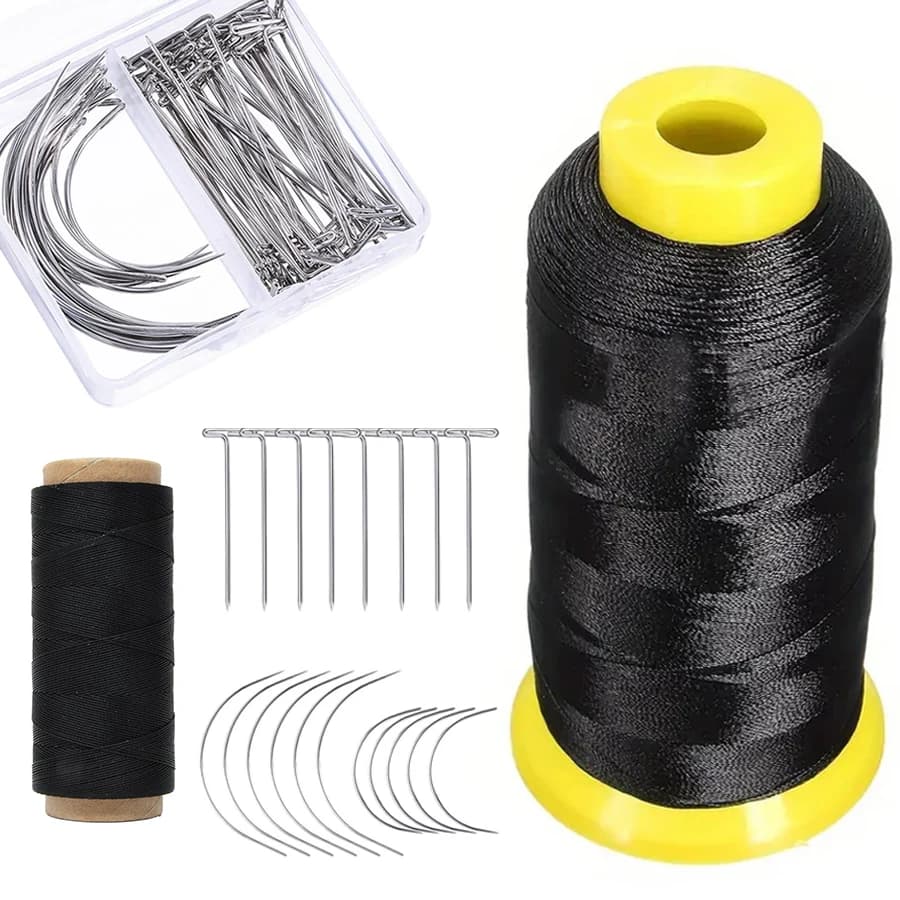 Professional Hair Extension Needle And Thread Set Curved Needle with Black/White Threads for DIY Wig Making