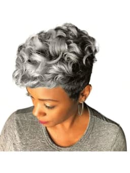 Short Pixie Cut Wig with Bangs for Black Women, Fluffy Curly Wig, Natural Wavy synthetic Wigs, Grey