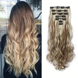 Synthetic 24Inch 16Clips Long Curly Hair Extension Heat Resistant Hair Extension Clips In Ombre Black Brown Blond Women