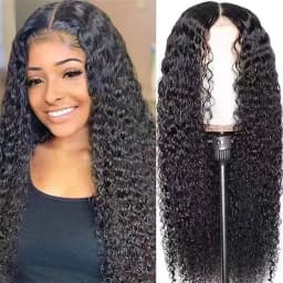 Women Black Long Water Wave Wig, Fluffy Big Curly Middle Part Synthetic Full Wig