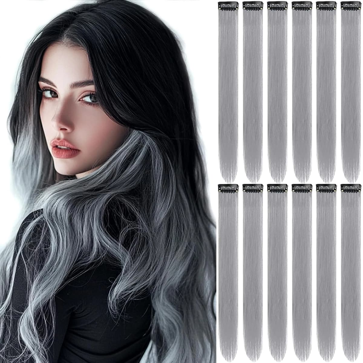 6/12 PCS White Hair Extensions Clip in, Colored Party Highlights Extension Synthetic Hairpiece Straight 22 inch