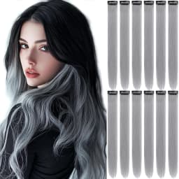 6/12 PCS White Hair Extensions Clip in, Colored Party Highlights Extension Synthetic Hairpiece Straight 22 inch