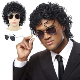 Synthetic Mens Black Short Curly Rocker Disco Wig with Glasses,Boys Wet Look Wig,70s Mullet Wig,Michael Jackson Role Play Wig
