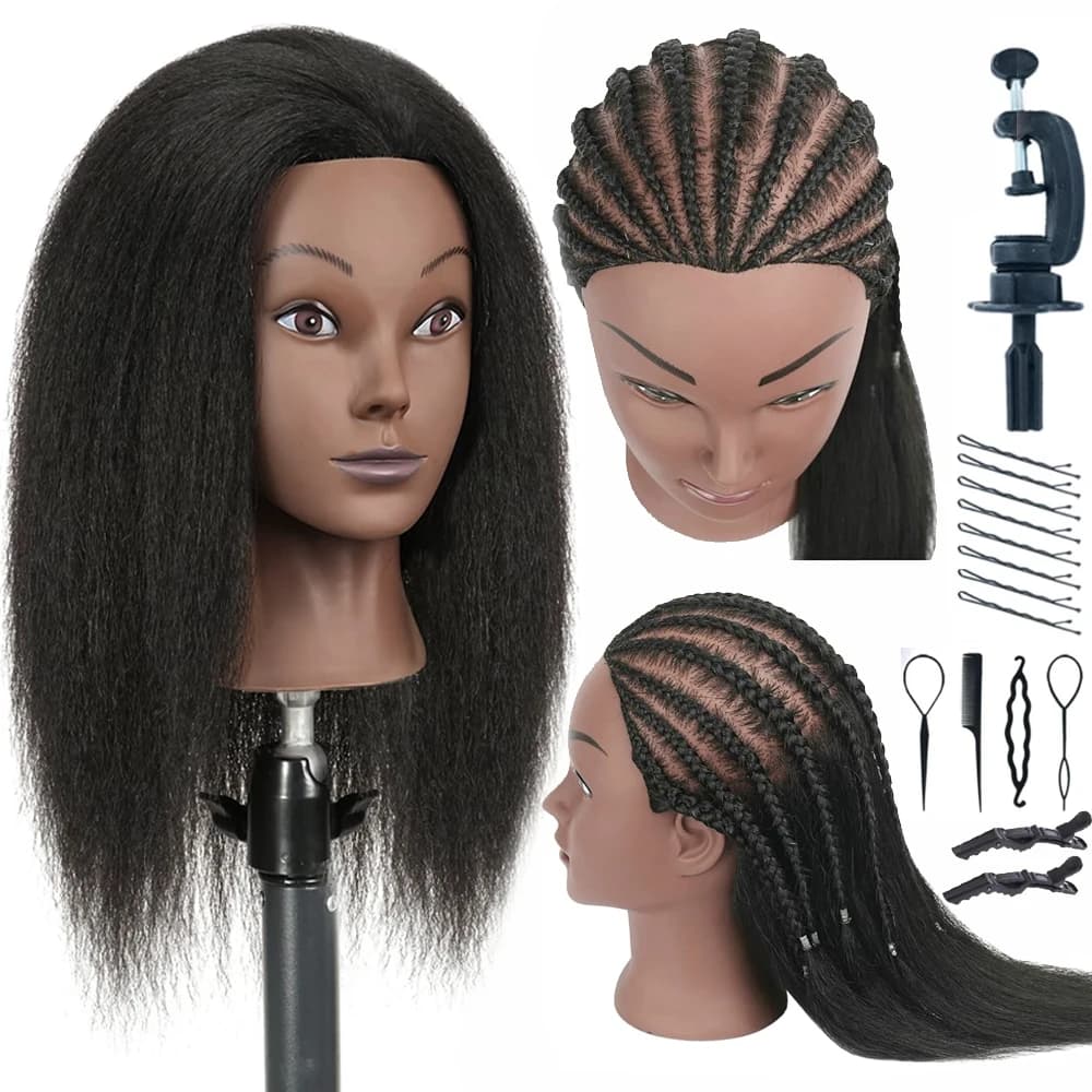 16"Human Hair Mannequin Head for Braiding,Cosmetology Training Doll Head for Styling Practice With Stand