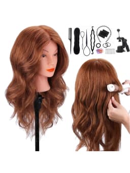 100%Real Hair Doll Head For Curling Straightening Dyeing Braiding Hairdressing Dark Brown Mannequin Head Training Head Kit