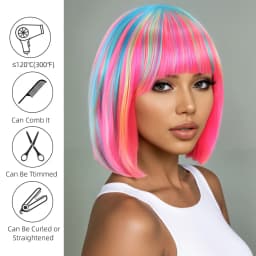 Rainbow Multi-Color Synthetic Wig for Daily Parties, Halloween Cosplay Wig, Bob Hairstyle Wig, Head Cover