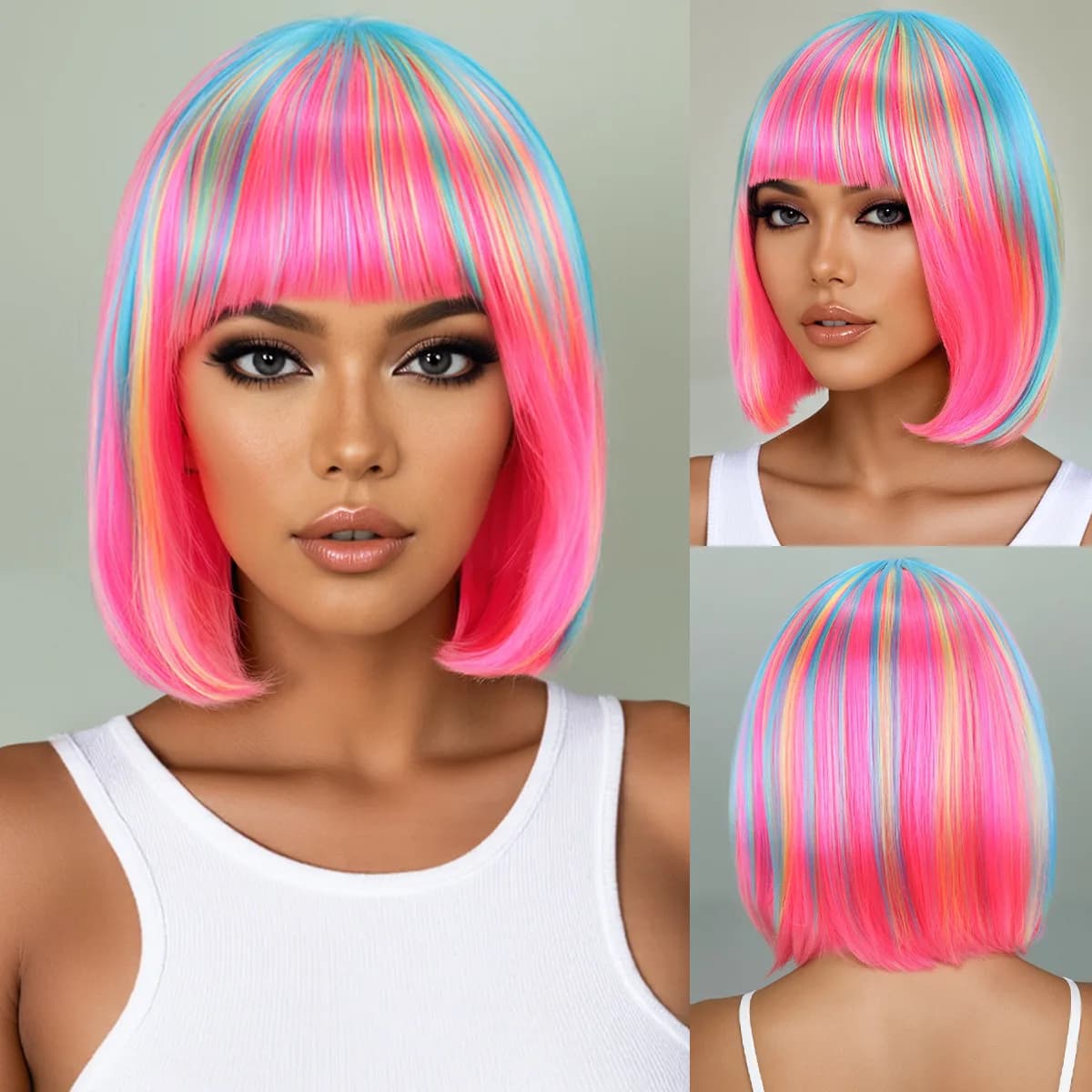 Rainbow Multi-Color Synthetic Wig for Daily Parties, Halloween Cosplay Wig, Bob Hairstyle Wig, Head Cover